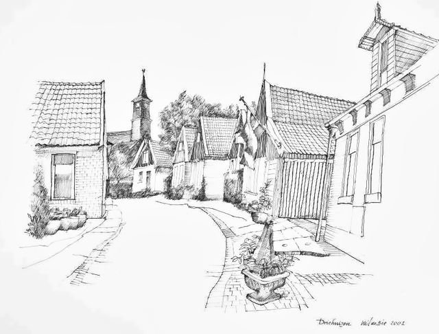 Dorpsstraat Kerk en Huizen in Driehuizen (Tekening2)