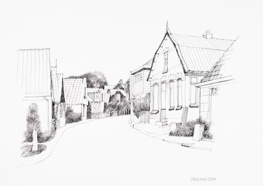 Pentekening Driehuizen. Getekend door Wil de Bie (1934) - Bron: Beeldbank Noord-Holland.
